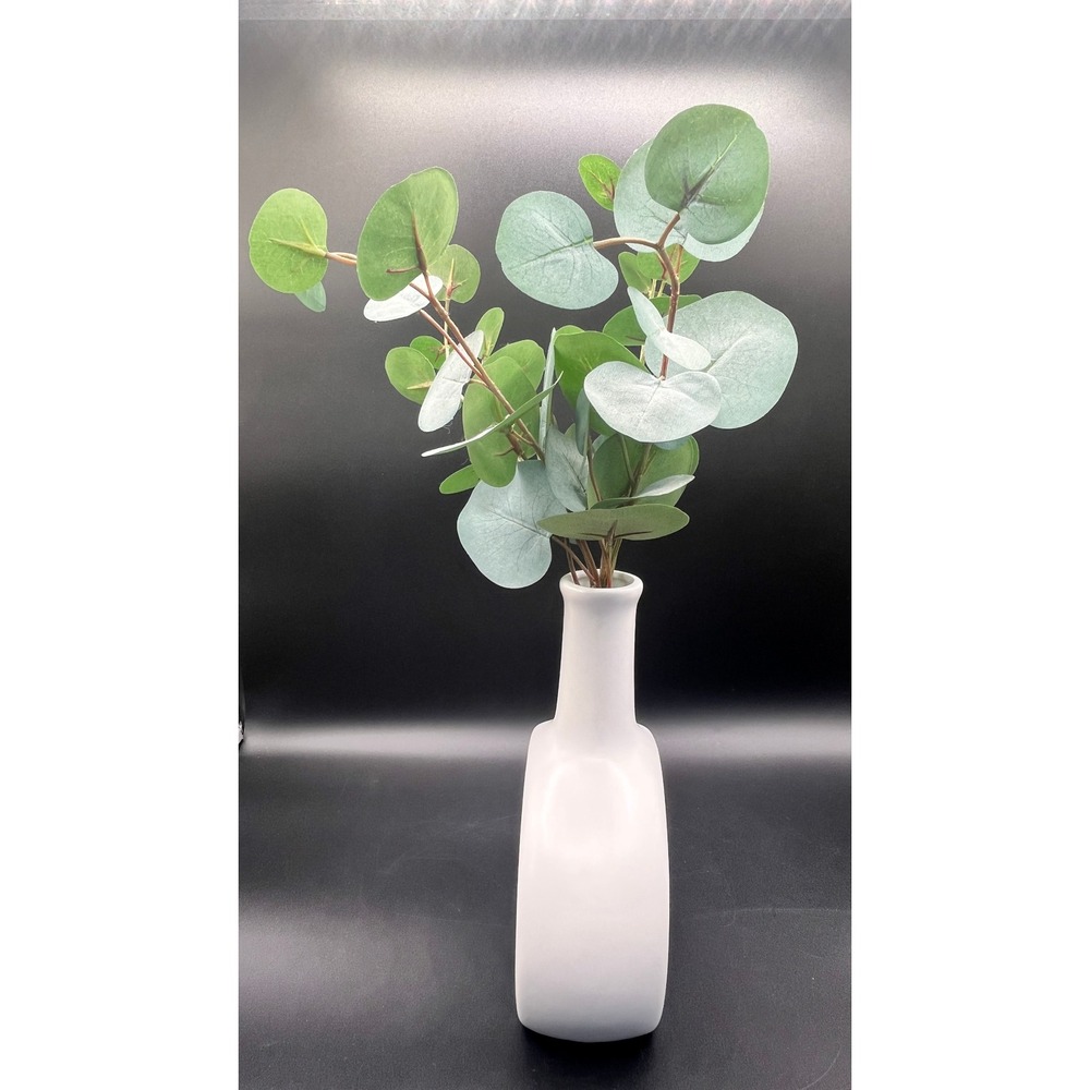 Abstract Modern Matte White Ceramic Donut Vase Faux Eucalyptus Greenery 8 x 6.5" - Picture 5 of 11